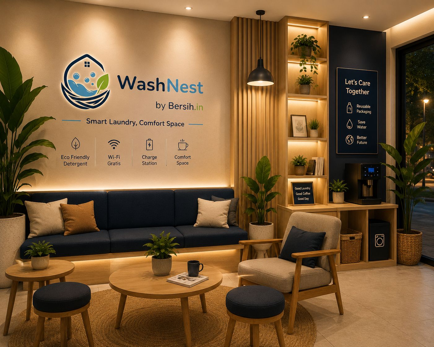 Mini café WashNest — coffee bar dengan menu lengkap, espresso machine, dan suasana 'Good Laundry Good Coffee Good Day'